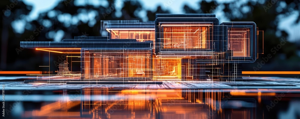 Poster building house on blueprint among project and construction concept. futuristic architectural design 