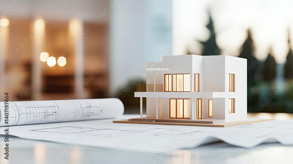 Poster building house on blueprint highlighting dwelling and project concept. a miniature architectural mod
