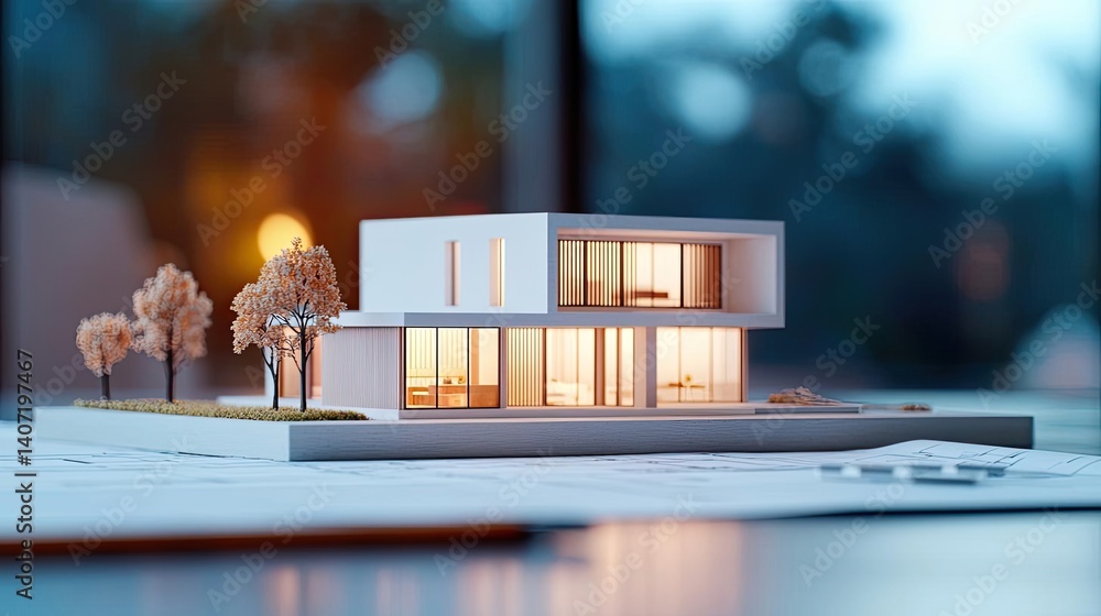 Poster building house on blueprint highlighting dwelling and project concept. a modern architectural model 