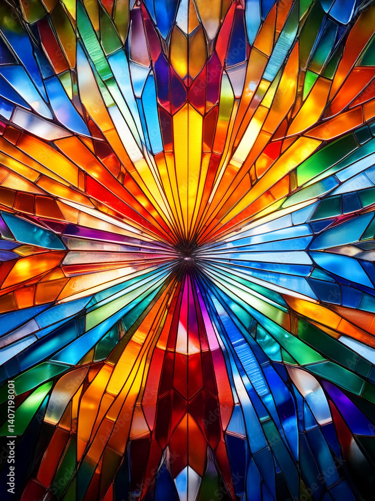 Poster a mesmerizing circular stained glass design with intricate patterns emanating from the center. vibra