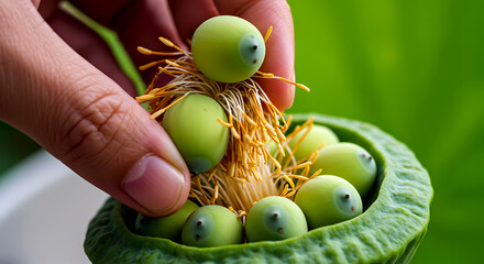 close-up of lotus seeds being gathered from a pod, central to the lotus farming process