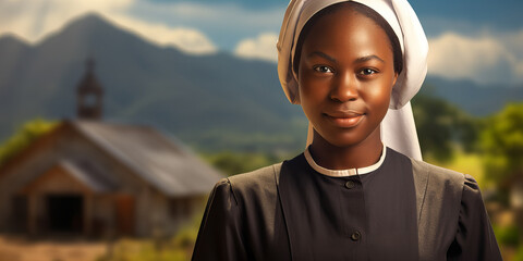 Young Catholic nun smiling outdoors in mission setting..