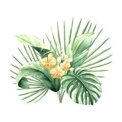 Watercolor tropical leaves and yellow orchid flowers isolated illustration for summer rainforest designs. Hand drawn green monstera, phalaenopsis branch and jungle plants in realistic botanical style.