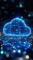 Glowing blue cloud with connected network. Digital background with bokeh lights