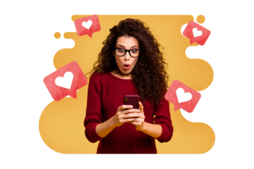 Creative collage picture young amazed woman omg shock reaction smartphone internet user popularity smm targetologist drawing background