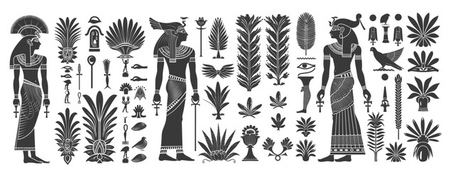 features black and white silhouettes of ancient Egyptian figures, symbols, plants, and hieroglyphs, reflecting the rich cultural and artistic heritage of Egypt
