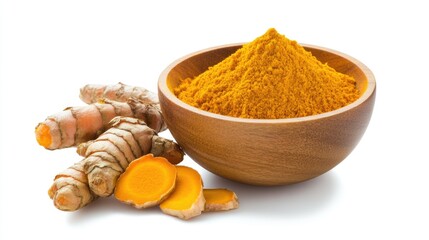 Golden turmeric powder in wooden bowl with fresh rhizomes and slices on white background