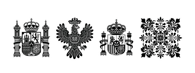 showcases four ornate black silhouettes, including royal crests and a floral design, reflecting regal symbolism and artistic heritage