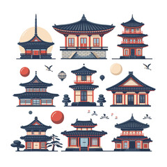 showcases a variety of traditional Asian buildings, including pagodas and temples, along with decorative elements like trees, lanterns, and circles, reflecting cultural architecture