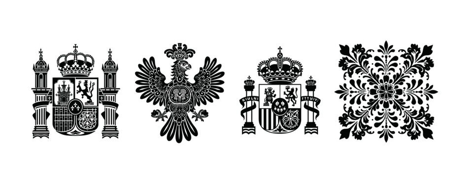 showcases four ornate black silhouettes, including royal crests and a floral design, reflecting regal symbolism and artistic heritage