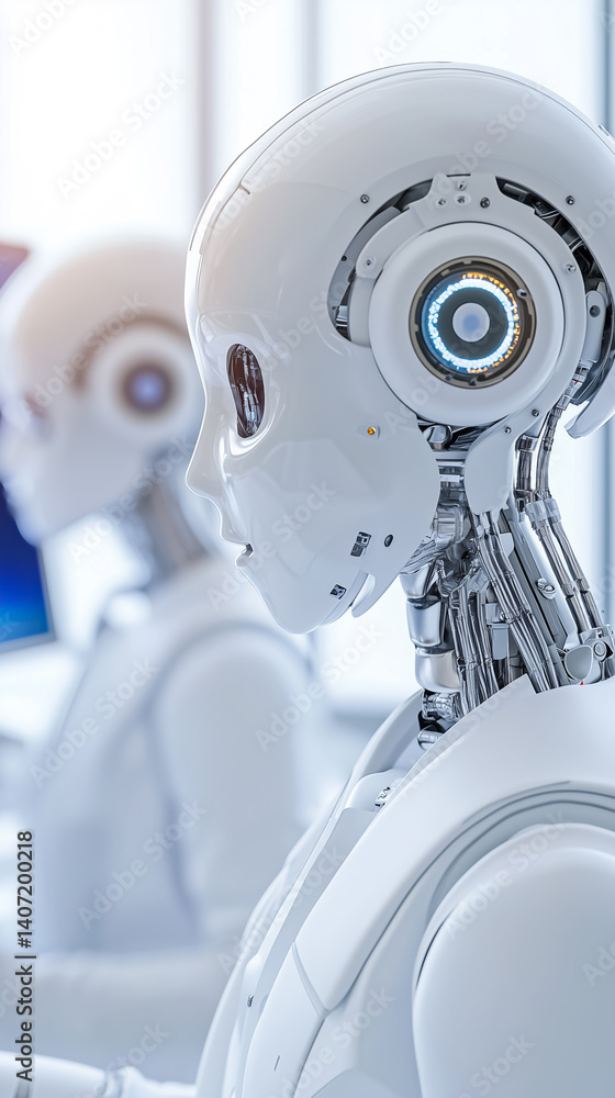 Poster humanoid robots with futuristic design engage in tasks within a contemporary workspace. bright and c