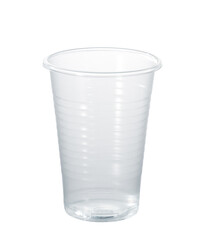 A clear, new disposable plastic cup isolated on a pure white background, showcasing its simplicity...