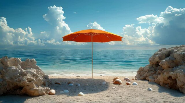 Scenic beach with a parasol, seashells, and coastal flora under a blue sky, perfect for vacation or relaxation themes