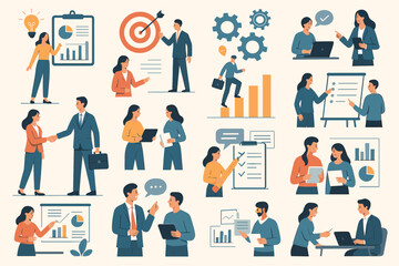 Business communication and collaboration scenes for teamwork and corporate success