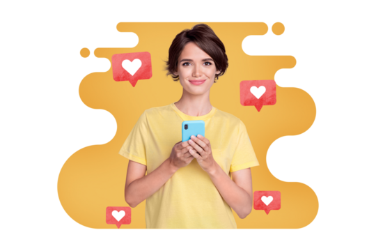 Creative collage picture pretty young girl smartphone user online social network media promotion smm receive feedback follow notifications