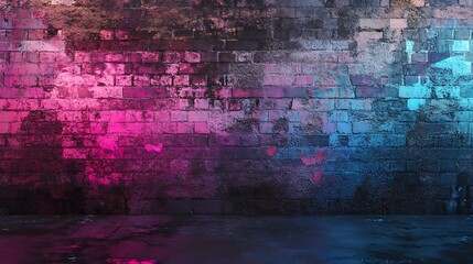 Obraz premium Abstract neon cyan and magenta light patterns casting dynamic reflections on a weathered brick wall interior 3d rendering