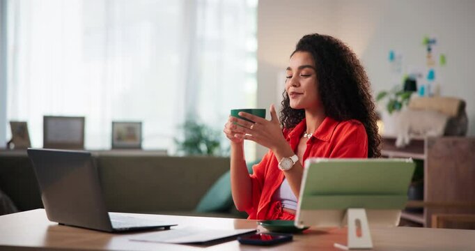 Coffee, thinking and woman with laptop and tablet in office for event planning with contact for vendors. Ideas, relax and female coordinator smelling cappuccino aroma with technology in workplace.