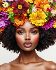 Spring celebration. Beautiful young black woman with colorful flowers and petals on her face. Beauty parlor banner concept,	