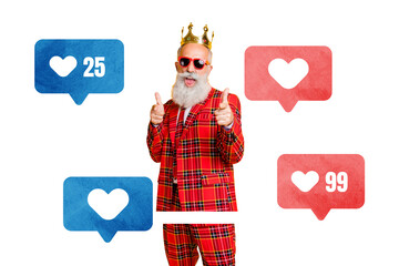 Creative picture collage retired grandfather macho suit royal crown king prince popularity social...