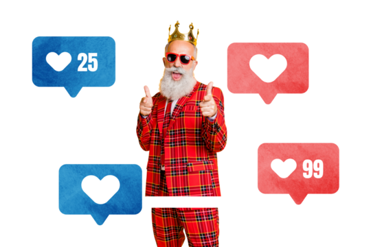 Creative picture collage retired grandfather macho suit royal crown king prince popularity social network smm targetologist