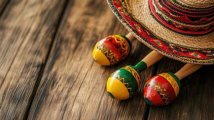 Colorful maracas and sombrero on rustic wooden background.