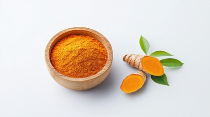 Bright Golden Turmeric Powder in Wooden Bowl with Fresh Root and Green Leaves on White Background
