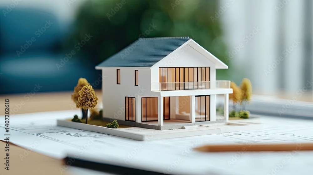 Poster building house on blueprint highlighting dwelling and project concept. a detailed model house on blu
