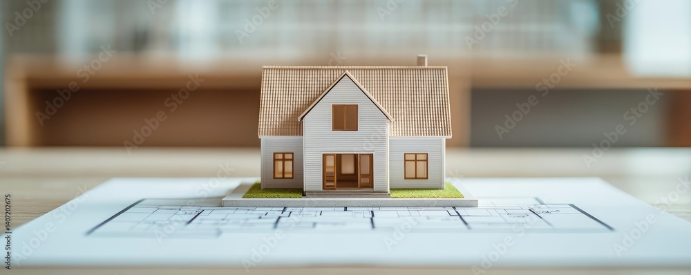 Poster building house on blueprint among project and construction concept. a miniature house model on archi