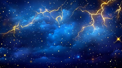 A dramatic night sky with lightning strikes and twinkling stars against a blue cloud backdrop