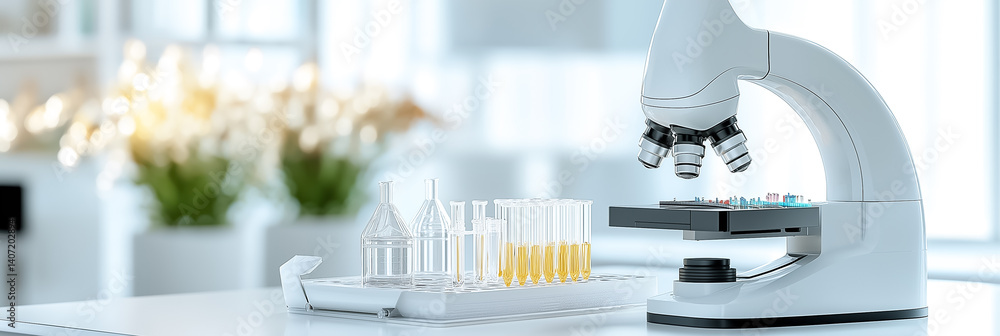 Poster microscope rests on laboratory table with test tubes and flasks filled with liquids. bright and clea