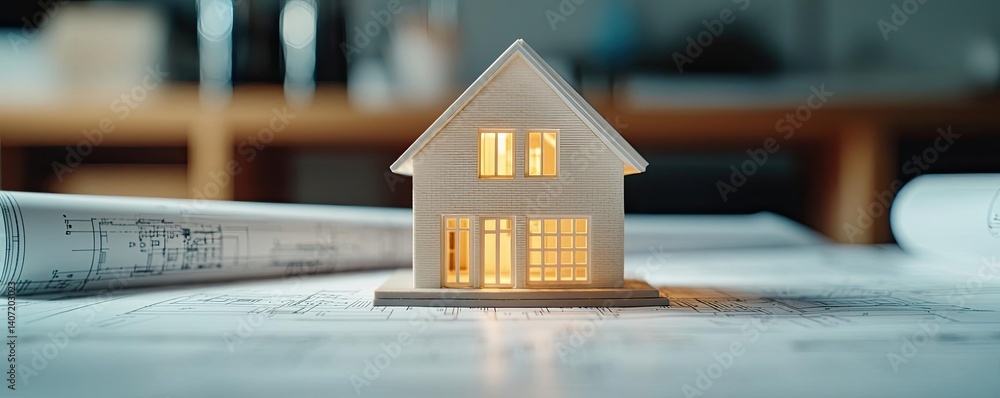Poster building house on blueprint among project and construction concept. a miniature house model illumina