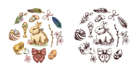 Hand drawn colored and black Easter illustration with bunny, chick, eggs, flowers, and festive elements in vintage sketch style