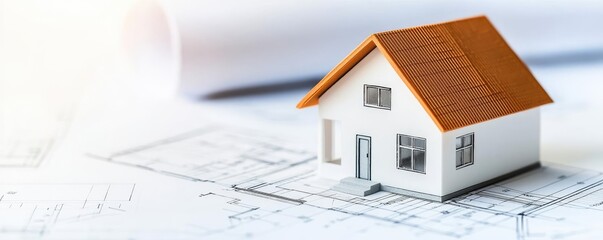 Building house on blueprint highlighting dwelling and project concept. A detailed model home on construction blueprints for planning.