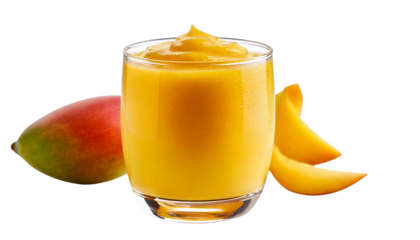 Chilled Mango Lassi with Creamy Swirl and Dewy Condensation on White Background