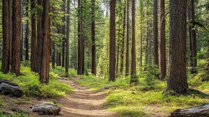 Obraz premium Beautiful Morning Coniferous Forest Covered in Mist with Soft Sunlight Filtering Through Trees – Serene Natural Landscape with Pine Trees, Foggy Atmosphere, and Peaceful Wilderness Scenery 