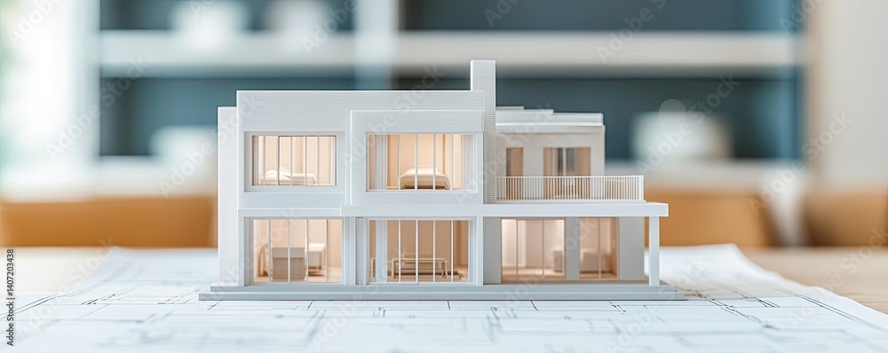 Poster building house on blueprint highlighting dwelling and project concept. a detailed architectural mode