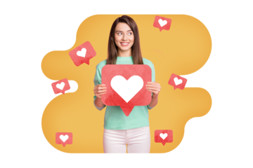 Creative collage image young cheerful woman hold heart icon notification social media online popularity promotion drawing background