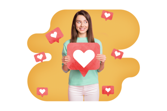 Creative collage image young cheerful woman hold heart icon notification social media online popularity promotion drawing background