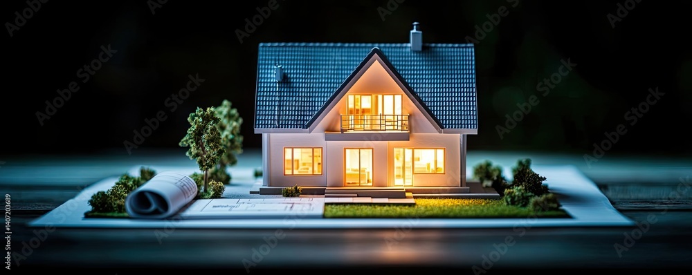 Poster building house on blueprint highlighting dwelling and project concept. illuminated model house on bl