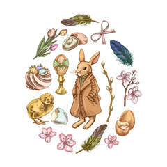 Colored Easter egg shape with rabbit, chick, bow, willow, feathers, eggs, flowers, and festive elements in sketch style