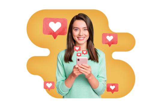 Creative image collage photo picture cheerful young pretty girl smartphone device virtual blogging increase popularity drawing background