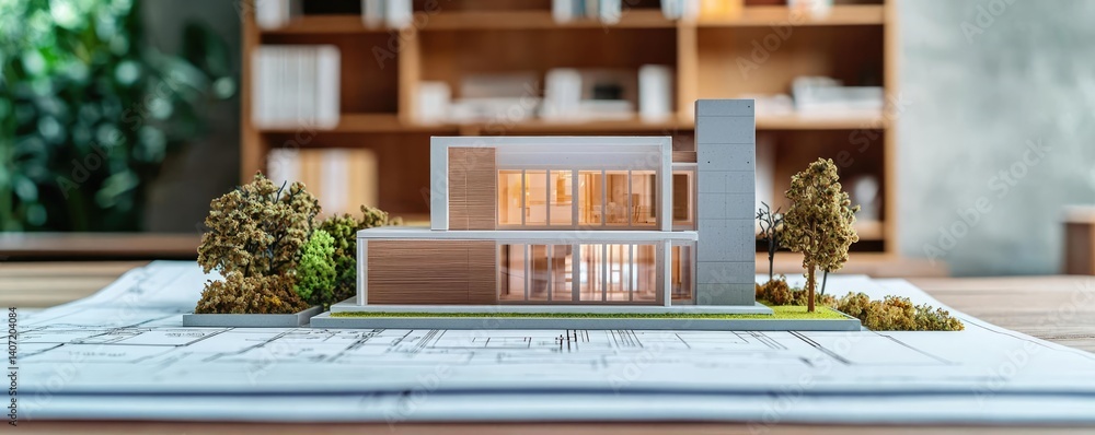 Poster building house on blueprint among project and construction concept. a detailed architectural model d