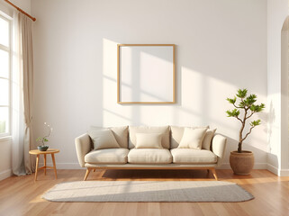 japandi style living room, empty frame mockup above sofa, minimalist interior, neutral decor, 3d rendering, warm lighting, zen design
