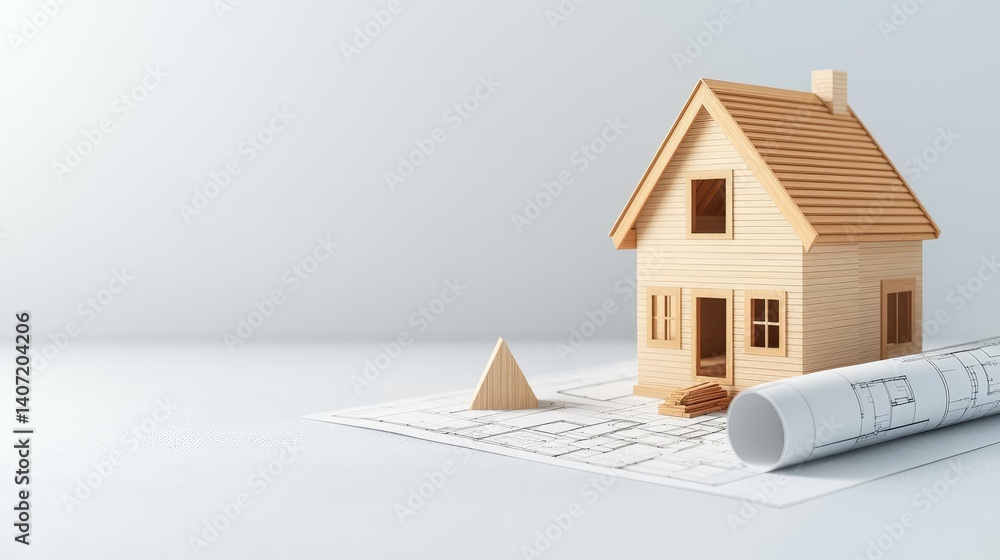 Poster building house on blueprint with dwelling and plan concept. wooden house model with blueprints on a 