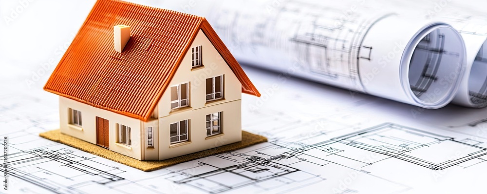Poster building house on blueprint highlighting dwelling and project concept. a model home on architectural