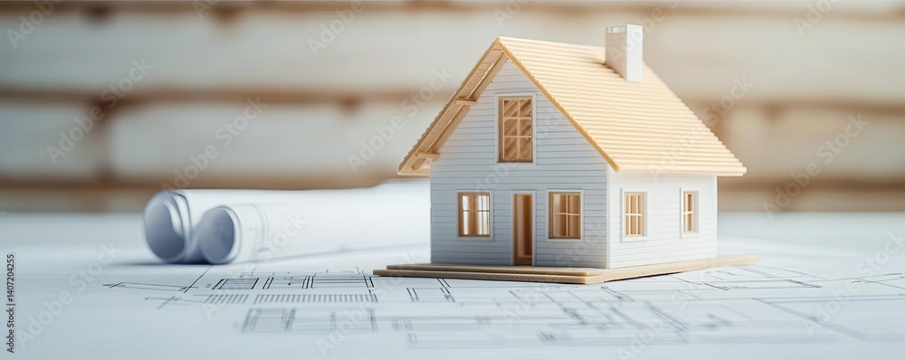Poster building house on blueprint highlighting dwelling and project concept. miniature house model on arch