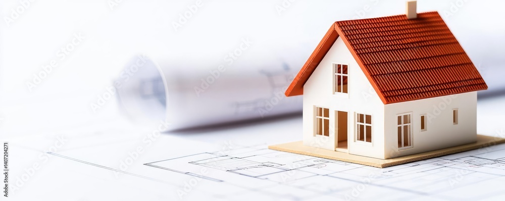 Poster building house on blueprint highlighting dwelling and project concept. architectural model on bluepr