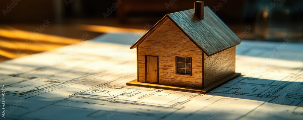 Poster building house on blueprint highlighting dwelling and project concept. a wooden model house on archi