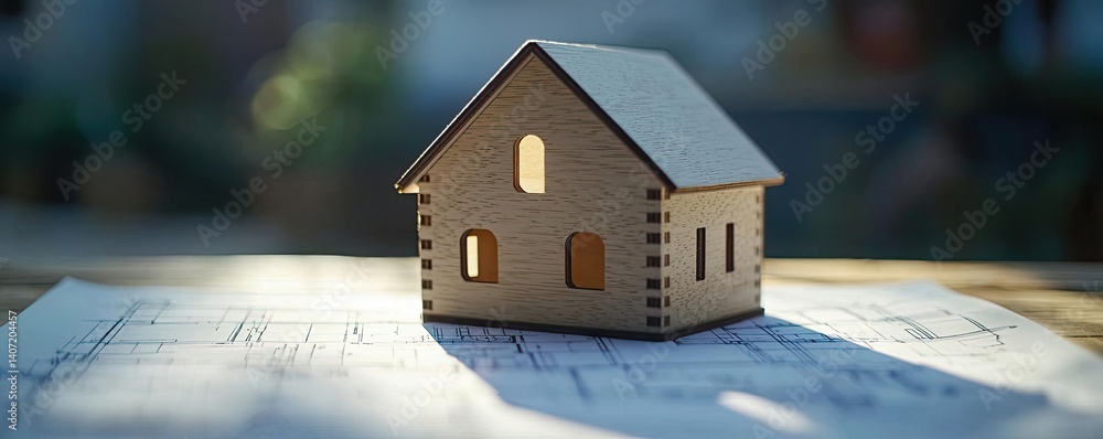 Poster building house on blueprint highlighting dwelling and project concept. a wooden miniature house mode