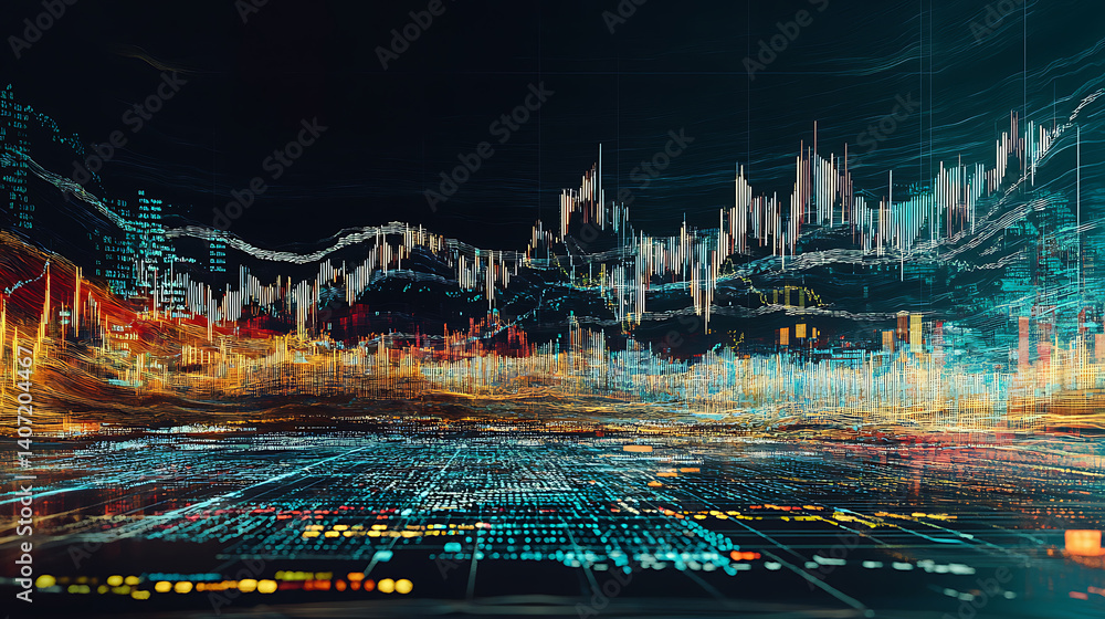 Poster abstract financial data visualization with candlestick charts and digital grid futuristic investment